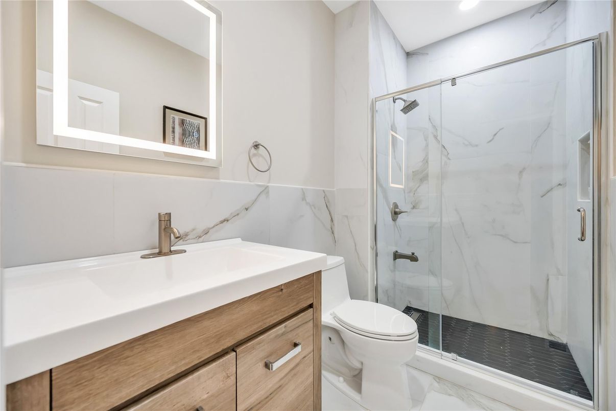 Bathroom, Glass Shower, Interior, Marble, Marble Walls, Recessed Lighting