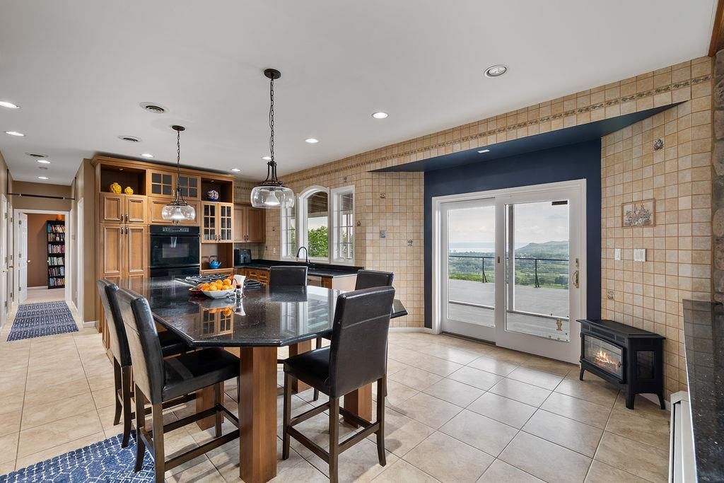 Dining room, Fireplace, Interior, Kitchen, Pendant Lights, Recessed Lighting, Stone Walls