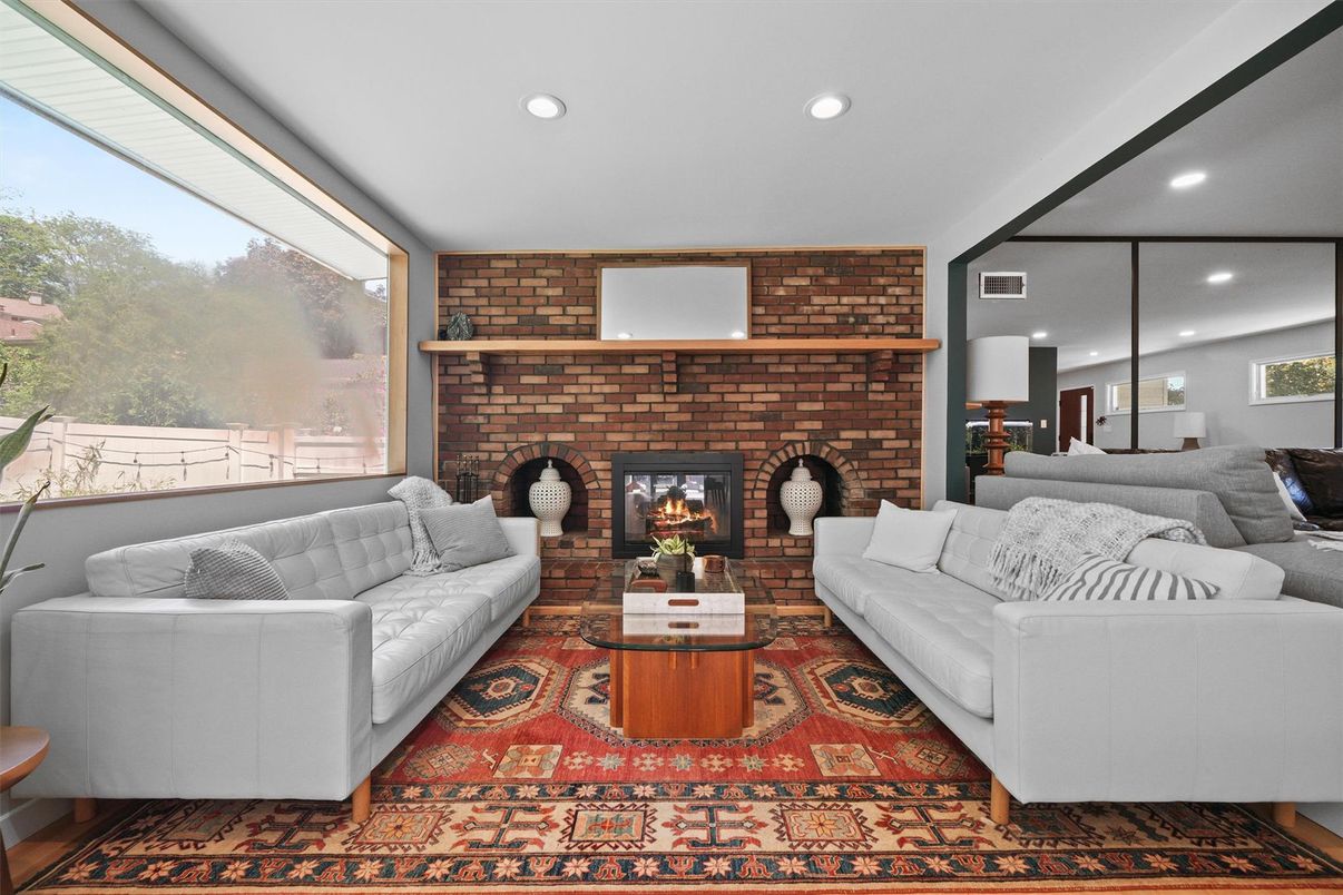 Fireplace, Interior, Living room, Recessed Lighting, Stone Walls