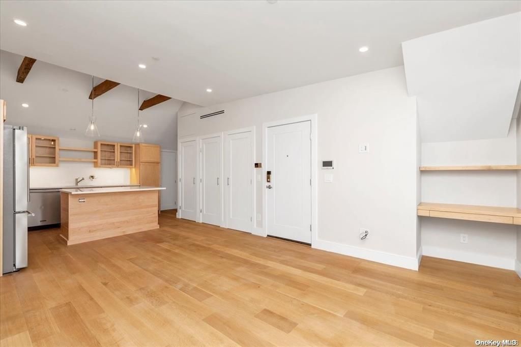 Empty room, Interior, Kitchen, Pendant Lights, Recessed Lighting, Wooden Beams, Wood Texture Flooring