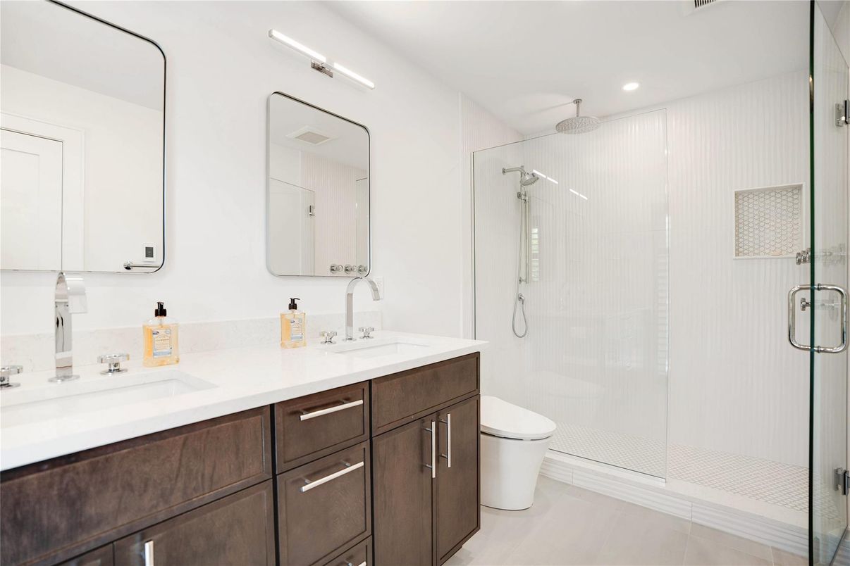 Bathroom, Dual Sink Vanities, Glass Shower, Interior, Recessed Lighting