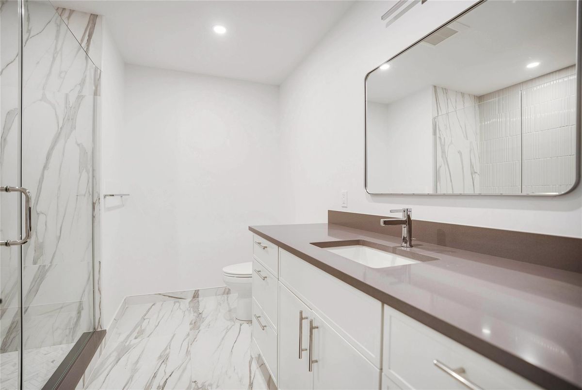 Bathroom, Glass Shower, Interior, Marble, Marble Walls, Recessed Lighting