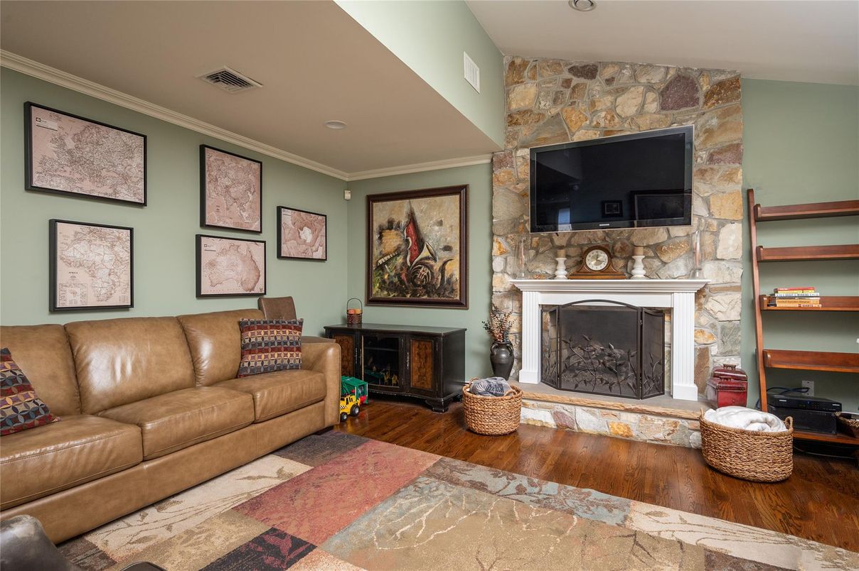 Fireplace, Interior, Living room, Stone Walls, Wood Texture Flooring