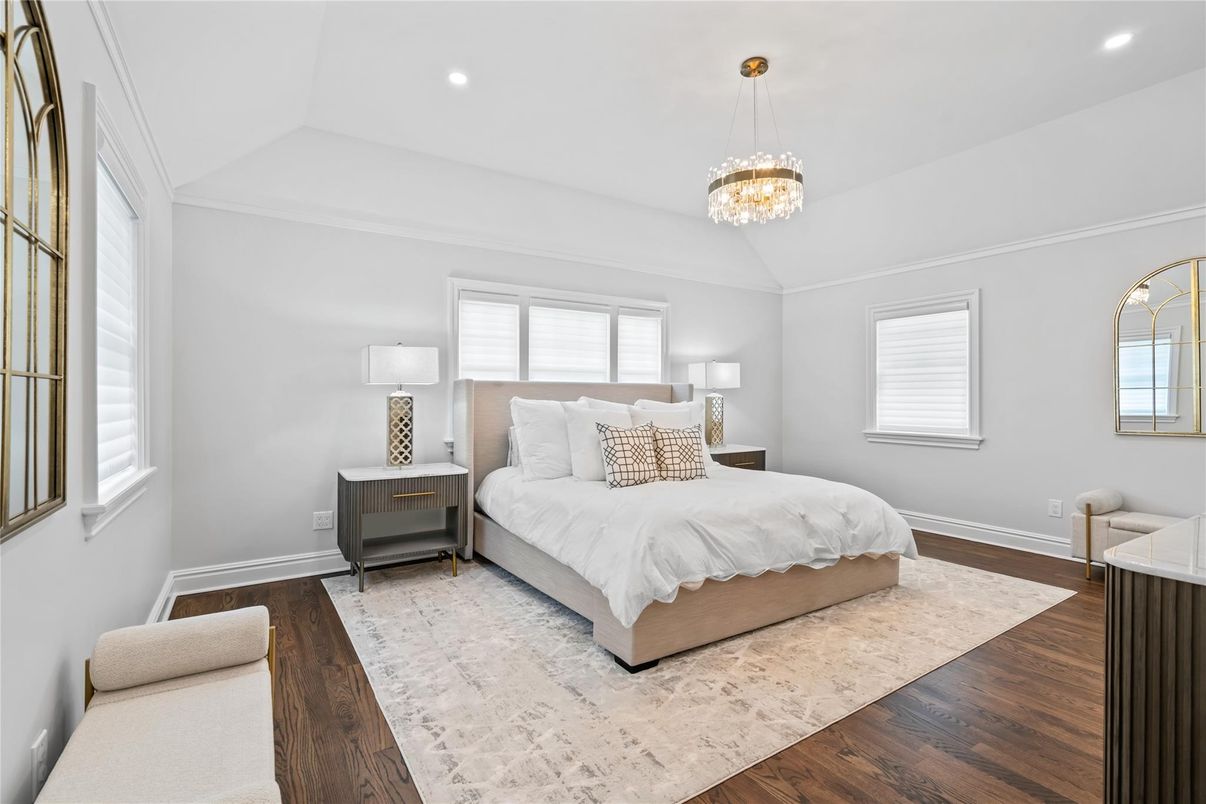 Bedroom, Chandelier, Interior, Pendant Lights, Recessed Lighting, Wood Texture Flooring