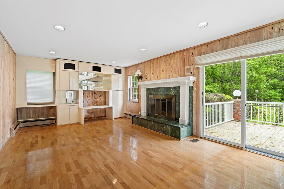 Fireplace, Interior, Recessed Lighting, Wood Texture Flooring, Wooden Walls