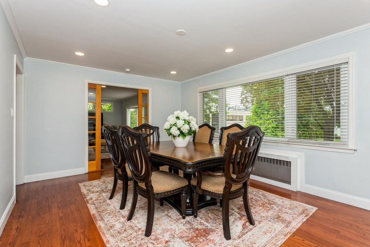 Dining room, Interior, Recessed Lighting, Wood Texture Flooring