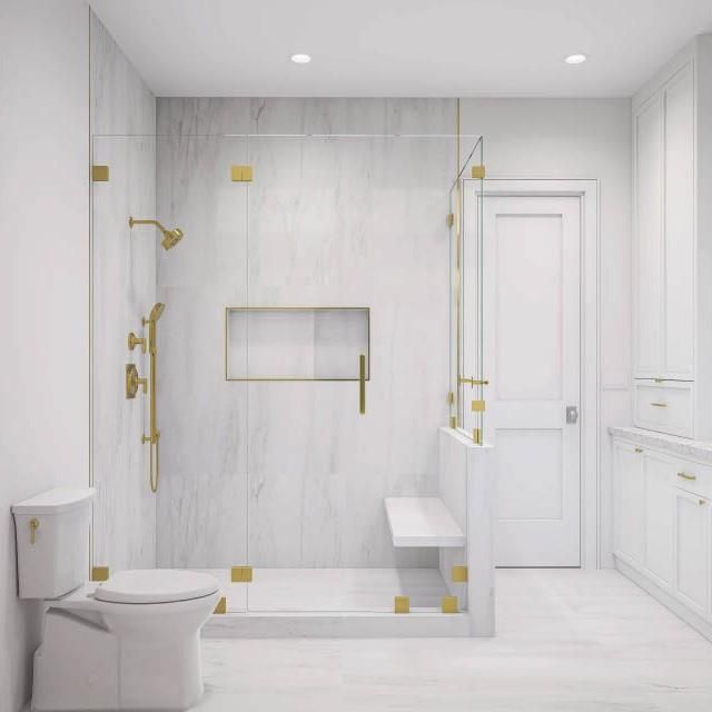 Bathroom, Glass Shower, Interior, Marble, Marble Walls, Recessed Lighting
