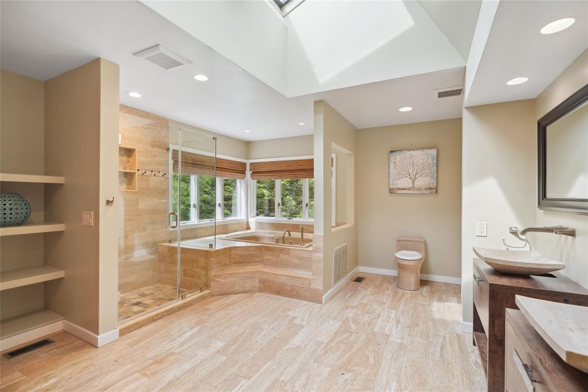 Bathroom, Glass Shower, Interior, Recessed Lighting, Wood Texture Flooring