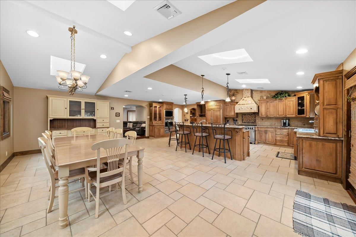 Chandelier, Dining room, Fireplace, Interior, Kitchen, Pendant Lights, Recessed Lighting