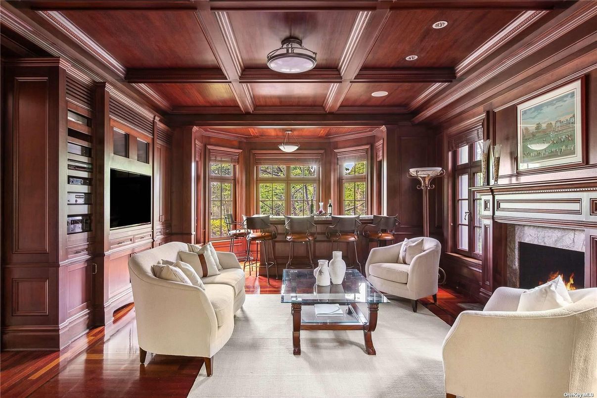 Fireplace, Interior, Living room, Recessed Lighting, Wooden Beams, Wooden Ceilings, Wood Texture Flooring, Wooden Walls