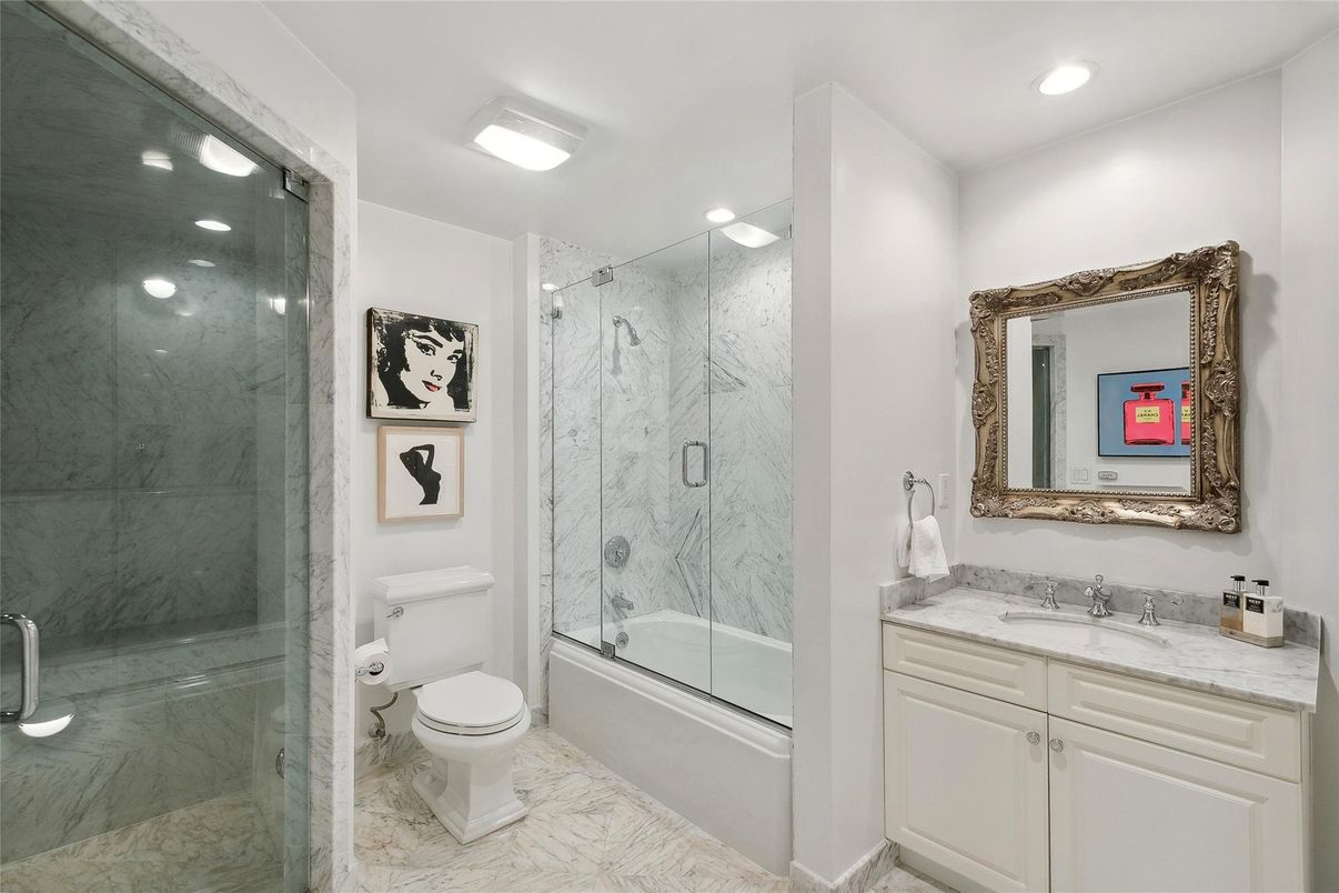 Bathroom, Glass Shower, Interior, Marble, Marble Walls, Recessed Lighting