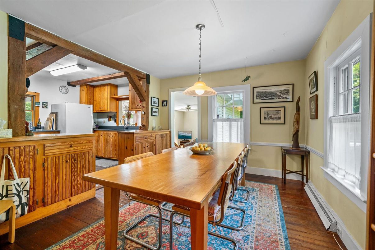 Dining room, Interior, Kitchen, Pendant Lights, Wood Texture Flooring