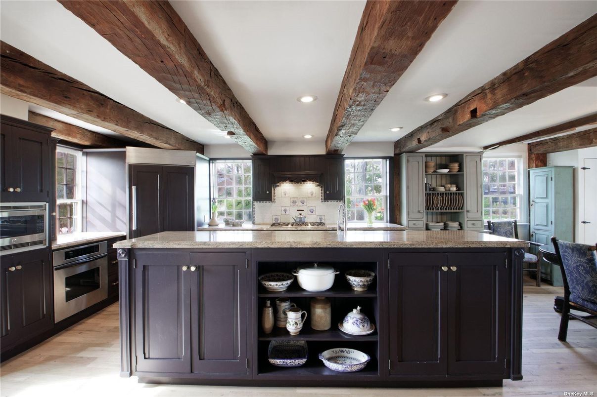 Interior, Kitchen, Recessed Lighting, Stainless Steel Appliances, Wooden Beams, Wood Texture Flooring