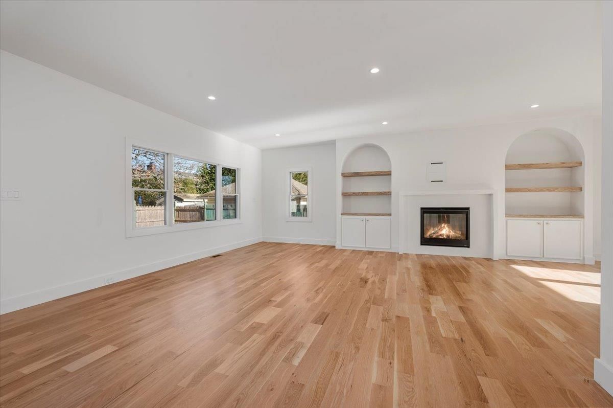 Empty room, Fireplace, Interior, Recessed Lighting, Wood Texture Flooring