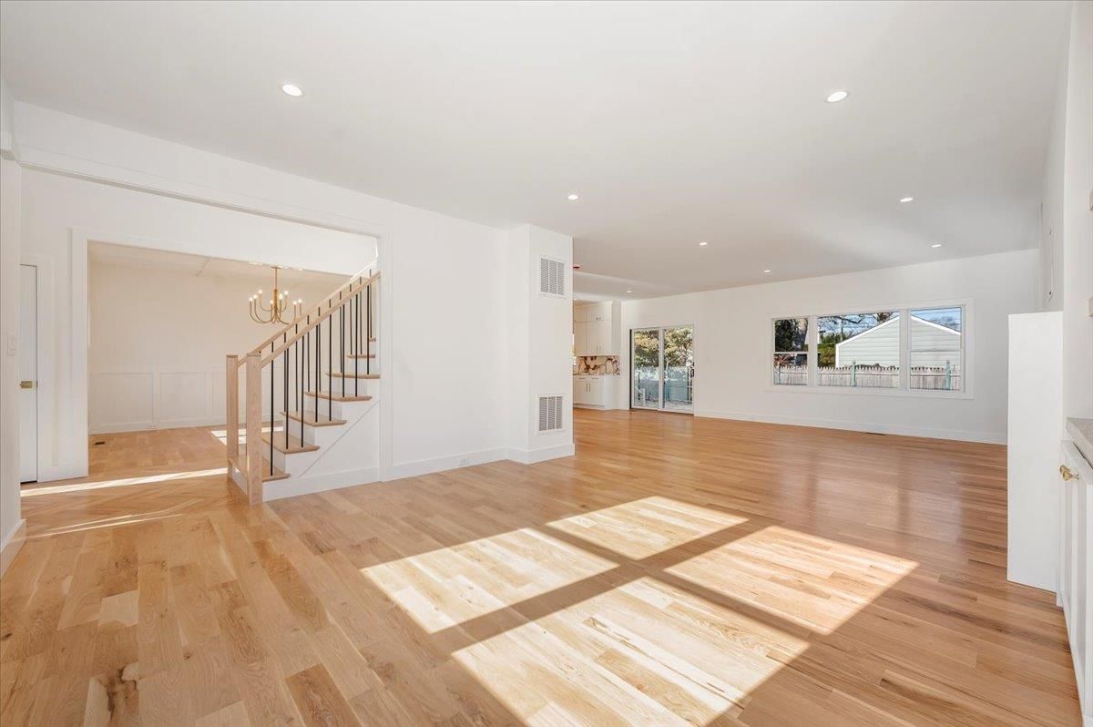 Empty room, Interior, Pendant Lights, Recessed Lighting, Wood Texture Flooring