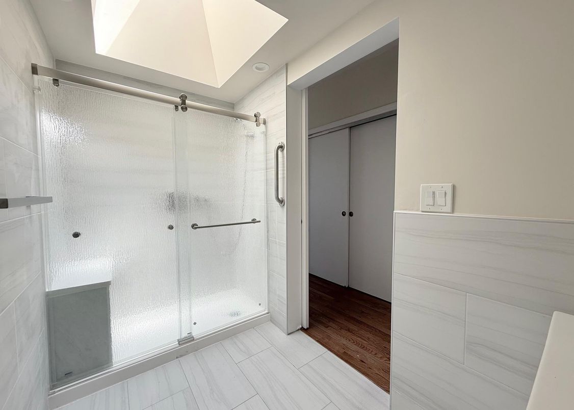 Bathroom, Glass Shower, Interior, Wood Texture Flooring
