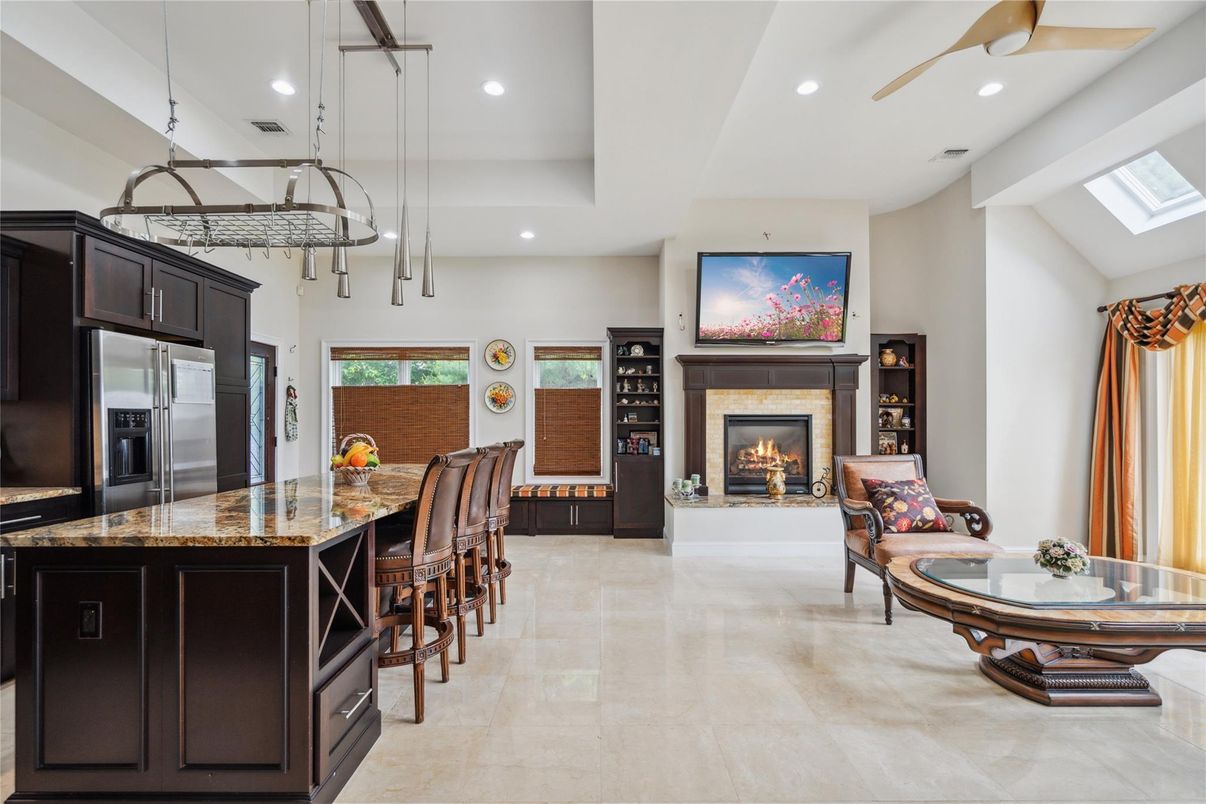 Fireplace, Interior, Kitchen, Pendant Lights, Recessed Lighting, Stainless Steel Appliances