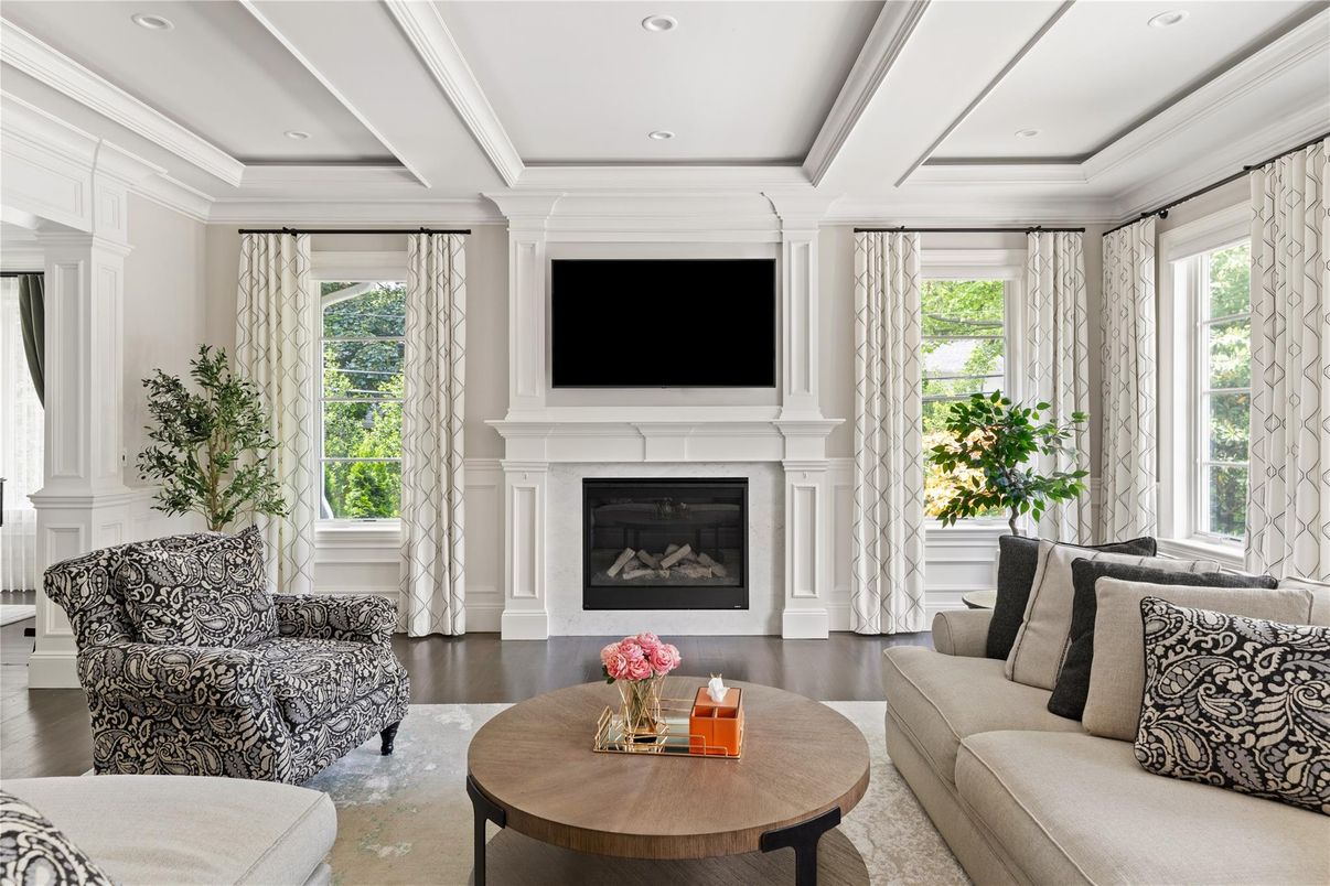 Fireplace, Interior, Living room, Recessed Lighting, Wood Texture Flooring