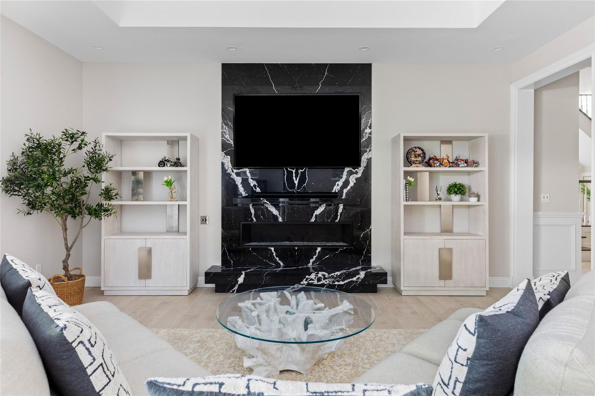 Fireplace, Interior, Living room, Marble Walls, Wood Texture Flooring