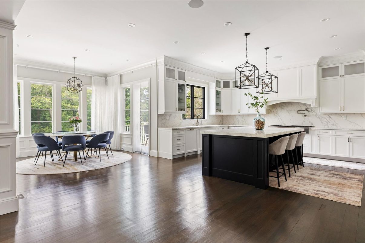 Dining room, Interior, Kitchen, Marble Walls, Pendant Lights, Recessed Lighting, Wood Texture Flooring