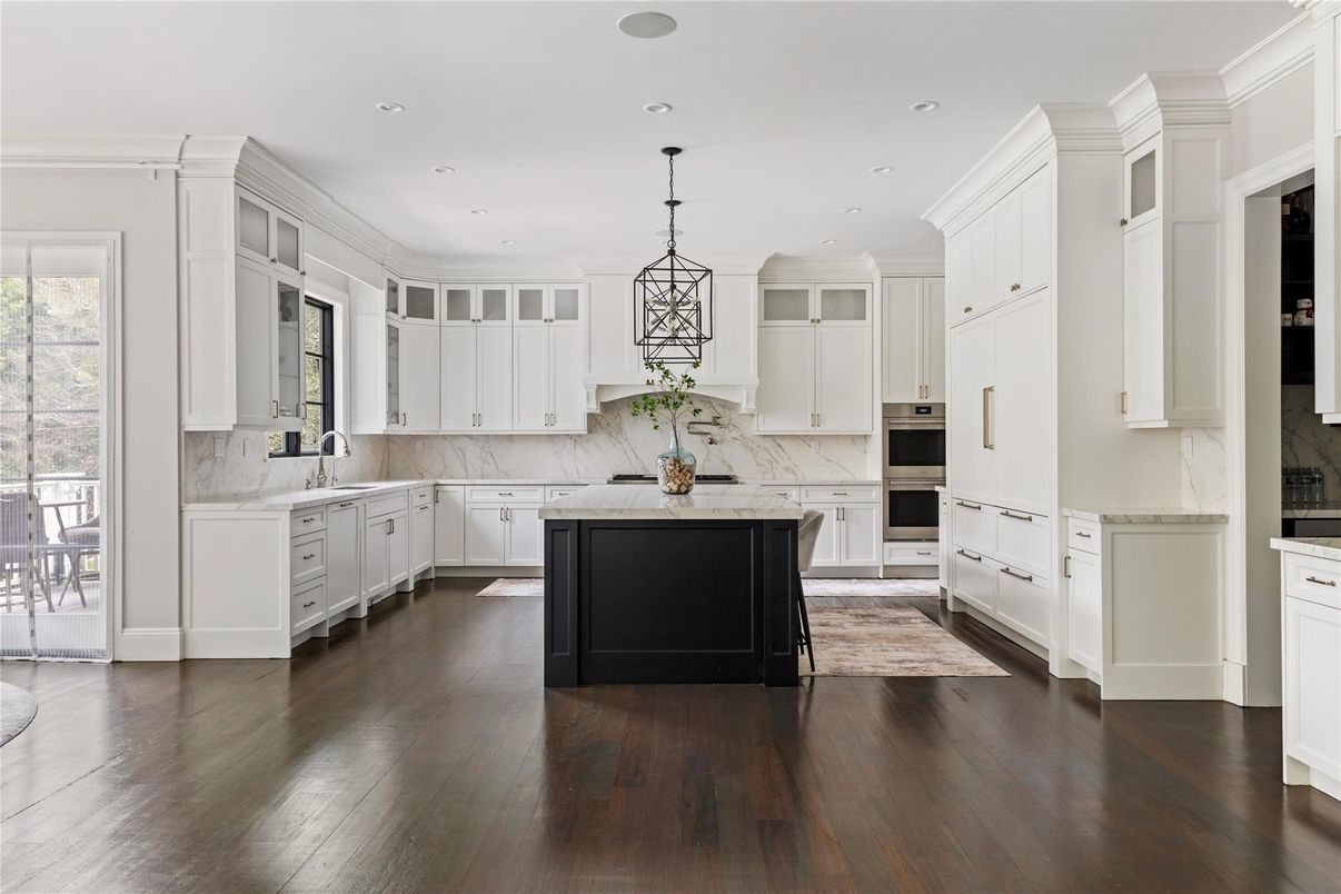 Interior, Kitchen, Marble Walls, Pendant Lights, Recessed Lighting, Stainless Steel Appliances, Wood Texture Flooring