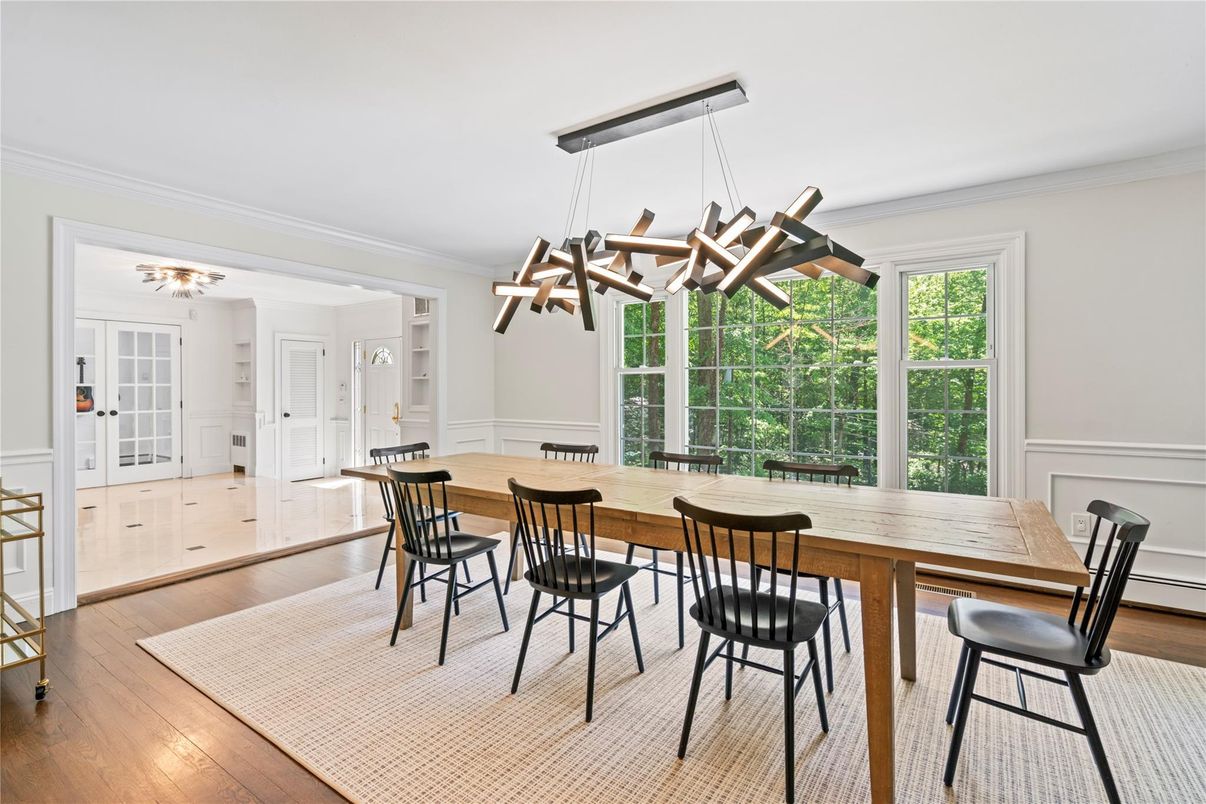 Dining room, Interior, Pendant Lights, Wood Texture Flooring