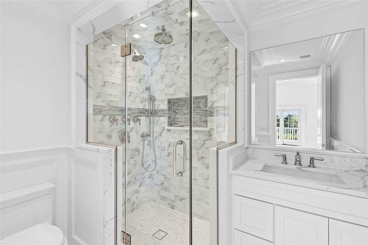 Bathroom, Glass Shower, Interior, Marble, Marble Walls, Recessed Lighting