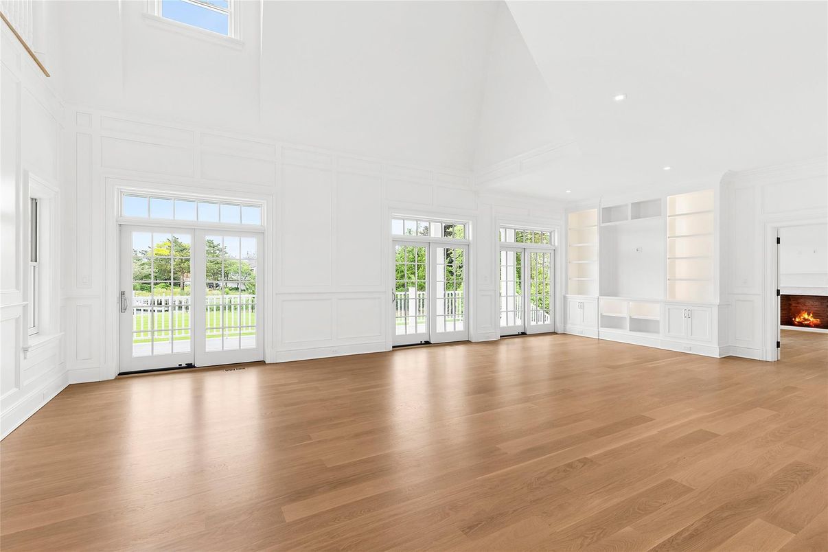 Empty room, Fireplace, Interior, Recessed Lighting, Wood Texture Flooring