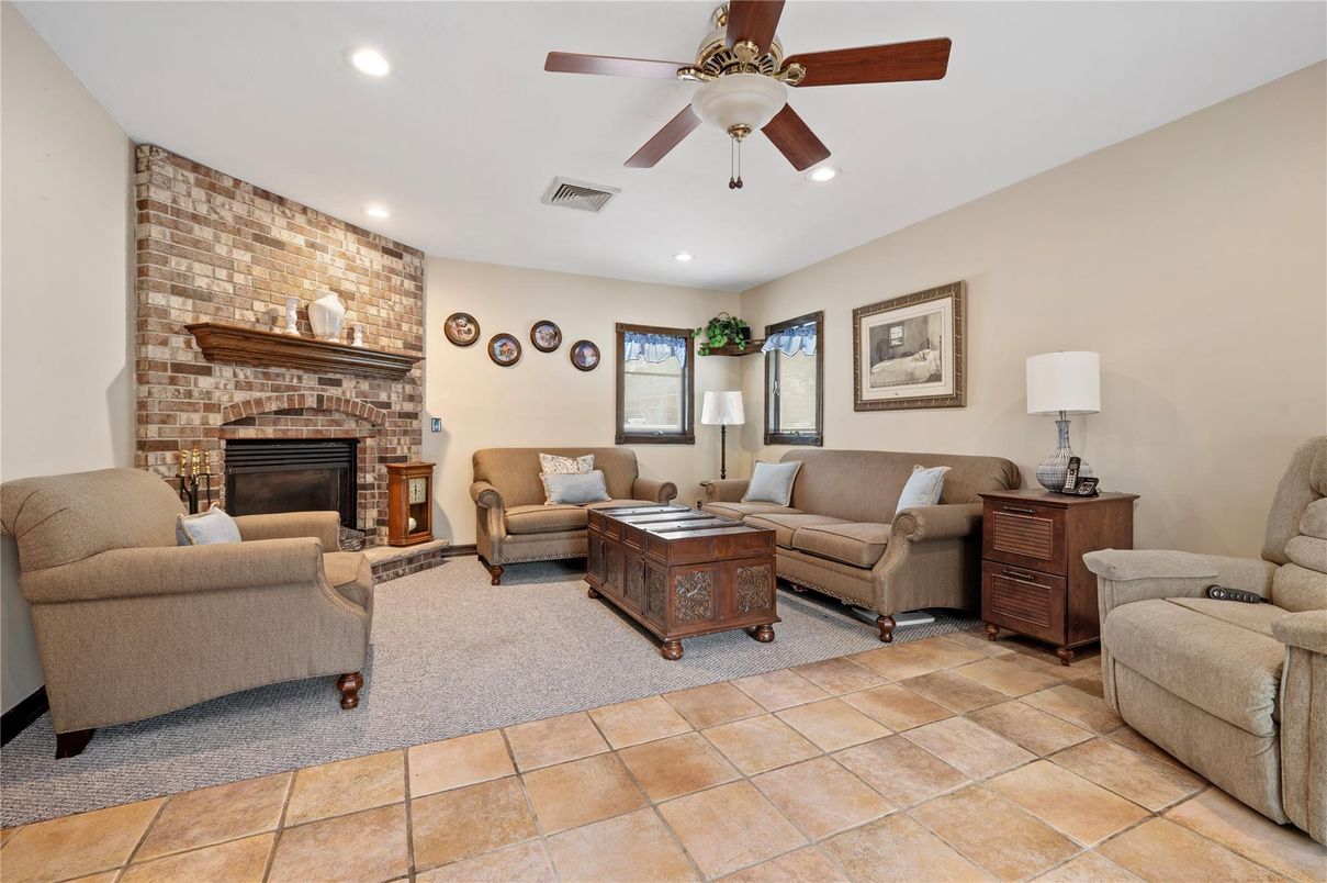 Fireplace, Interior, Living room, Recessed Lighting, Stone Walls