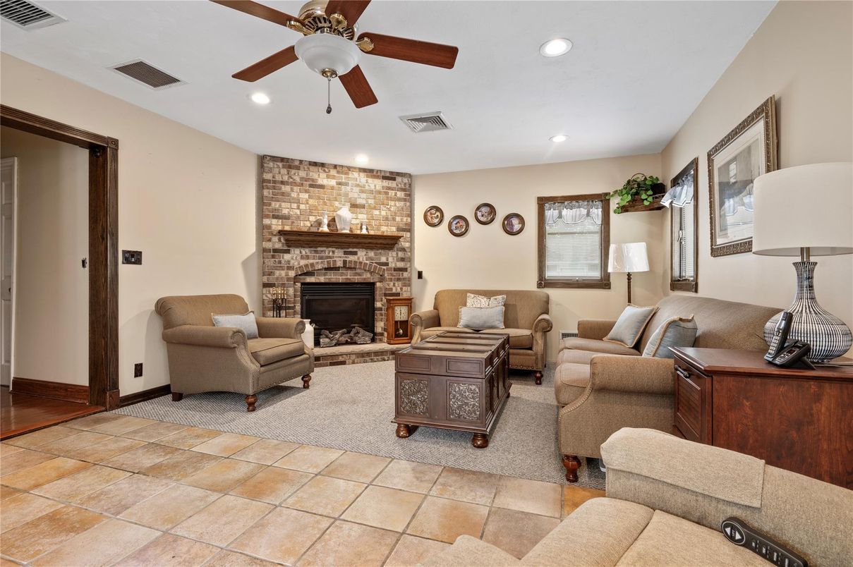 Fireplace, Interior, Living room, Recessed Lighting, Stone Walls