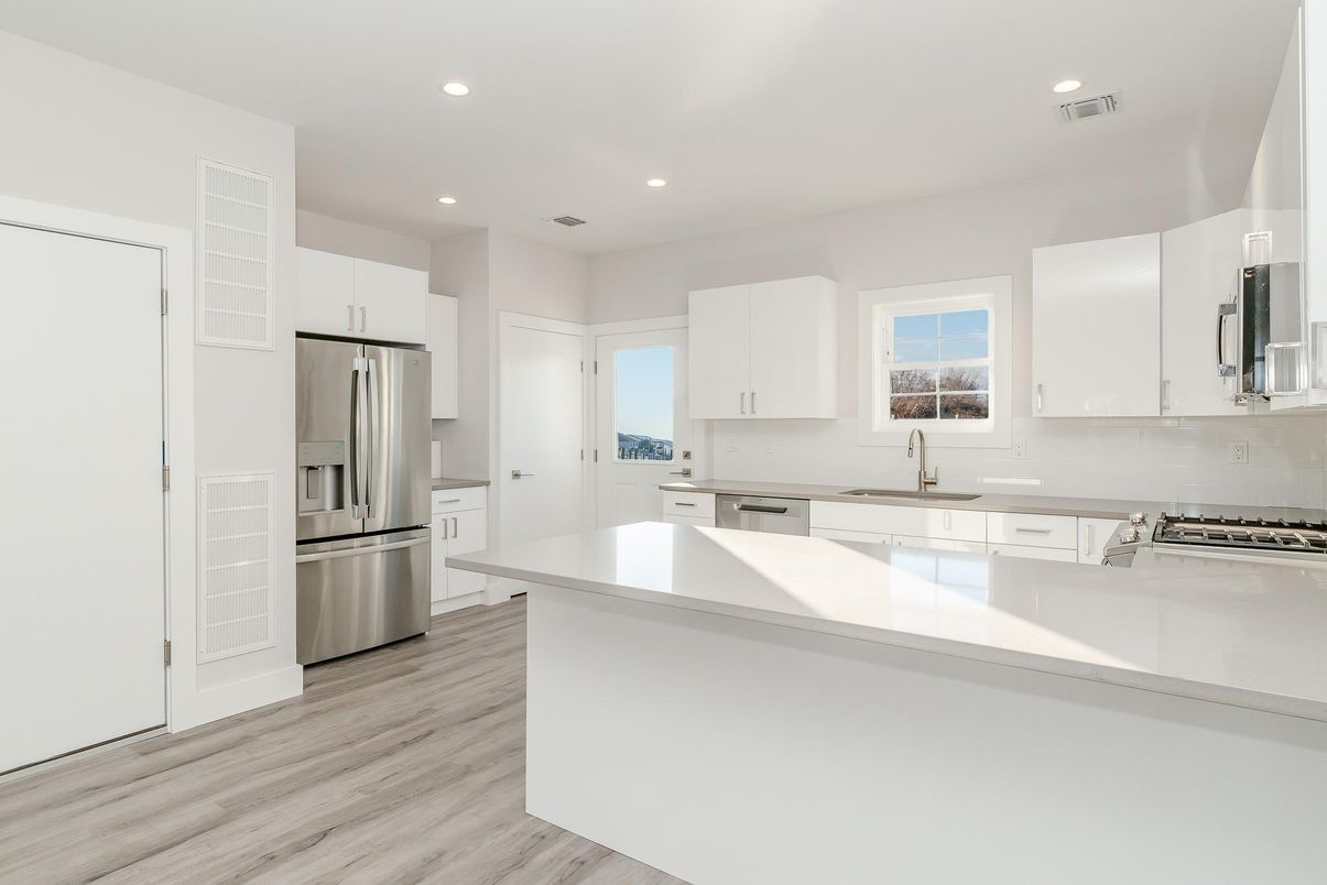 Interior, Kitchen, Recessed Lighting, Stainless Steel Appliances, Wood Texture Flooring