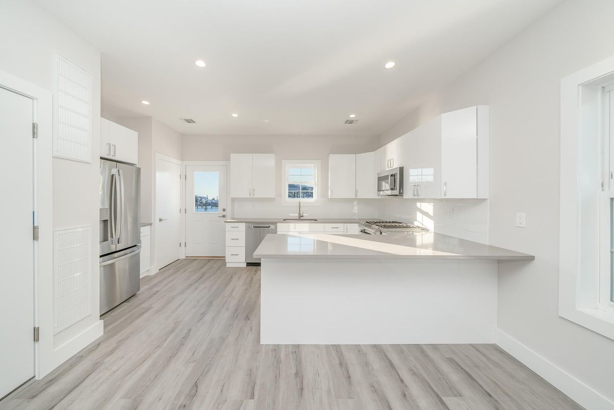 Interior, Kitchen, Recessed Lighting, Stainless Steel Appliances, Wood Texture Flooring