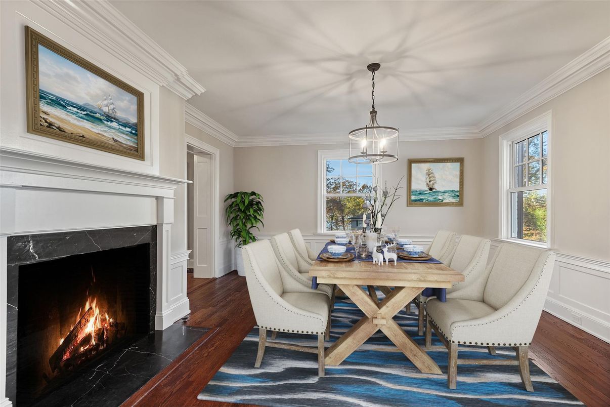 Dining room, Fireplace, Interior, Pendant Lights, Wood Texture Flooring