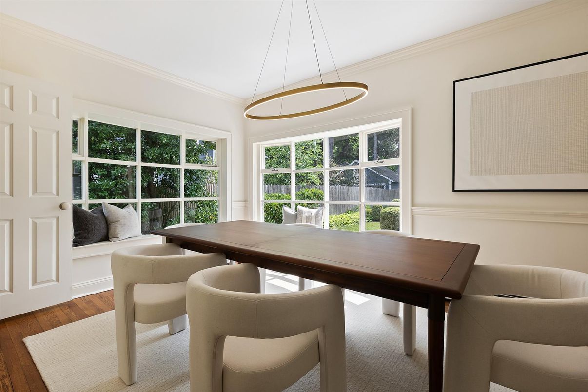 Dining room, Interior, Pendant Lights, Wood Texture Flooring