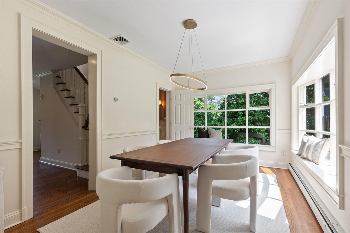 Dining room, Interior, Pendant Lights, Wood Texture Flooring