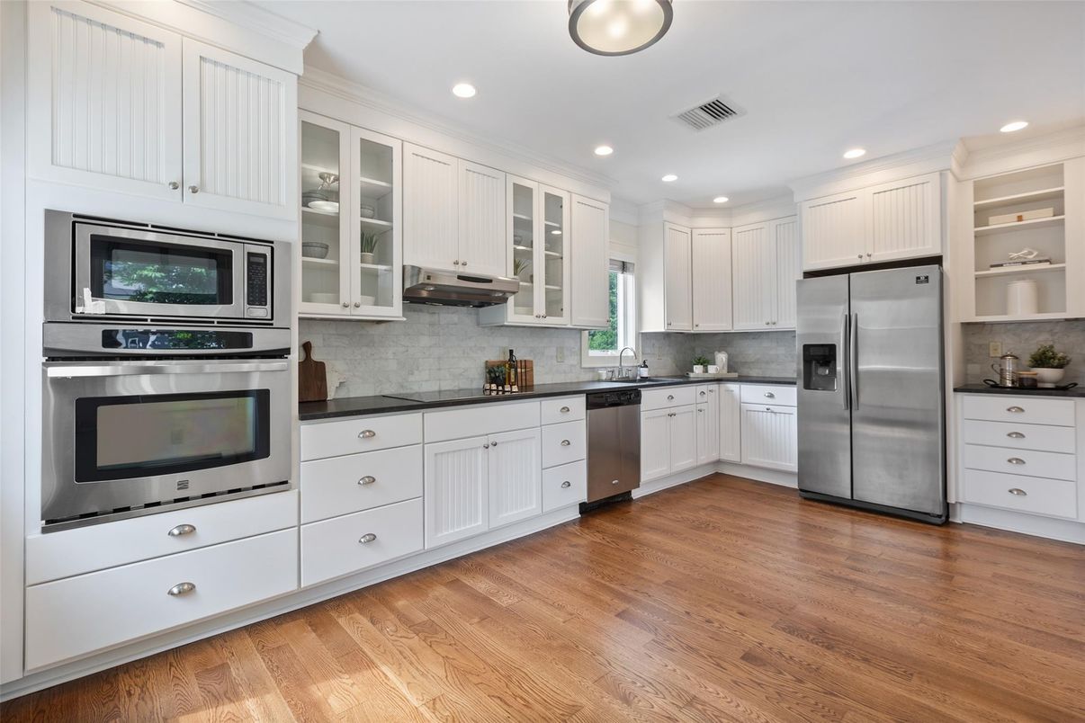 Interior, Kitchen, Recessed Lighting, Stainless Steel Appliances, Wood Texture Flooring