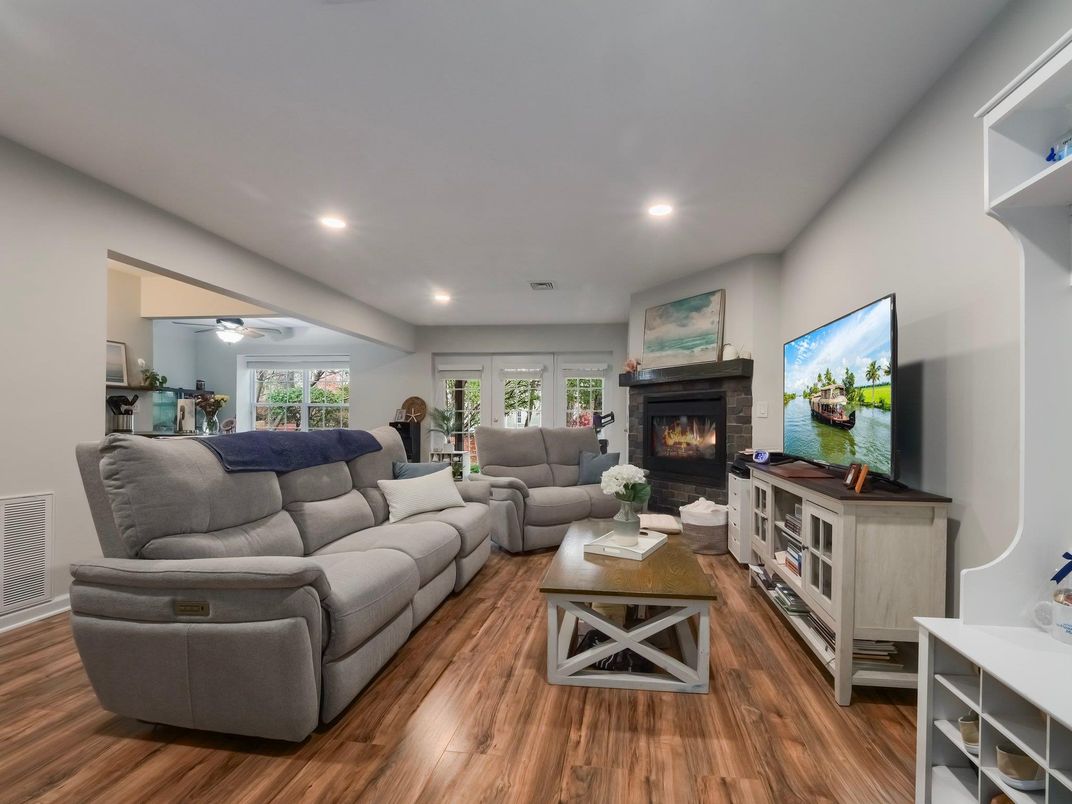 Fireplace, Interior, Living room, Recessed Lighting, Wood Texture Flooring