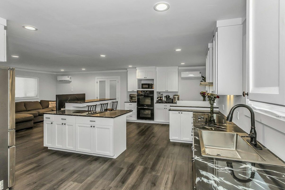Interior, Kitchen, Living room, Recessed Lighting, Stainless Steel Appliances, Wood Texture Flooring