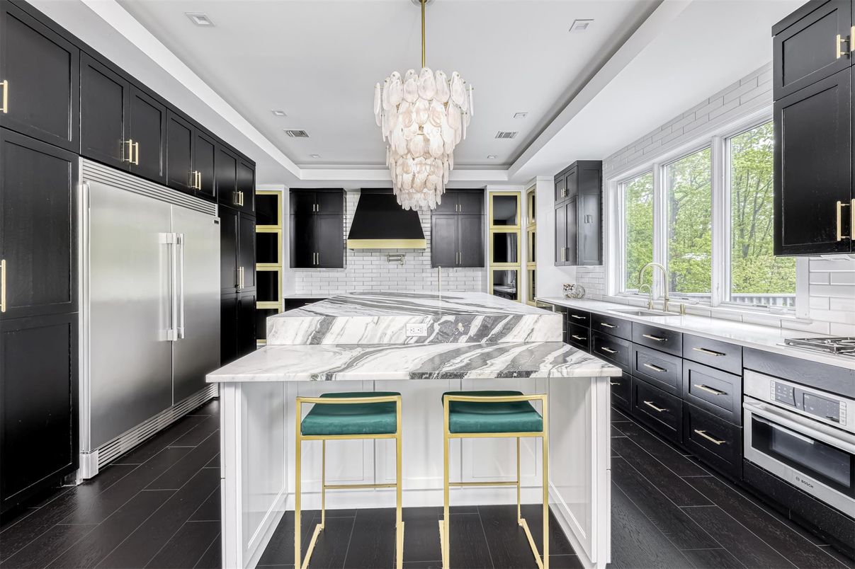 Chandelier, Interior, Kitchen, Recessed Lighting, Stainless Steel Appliances, Wood Texture Flooring
