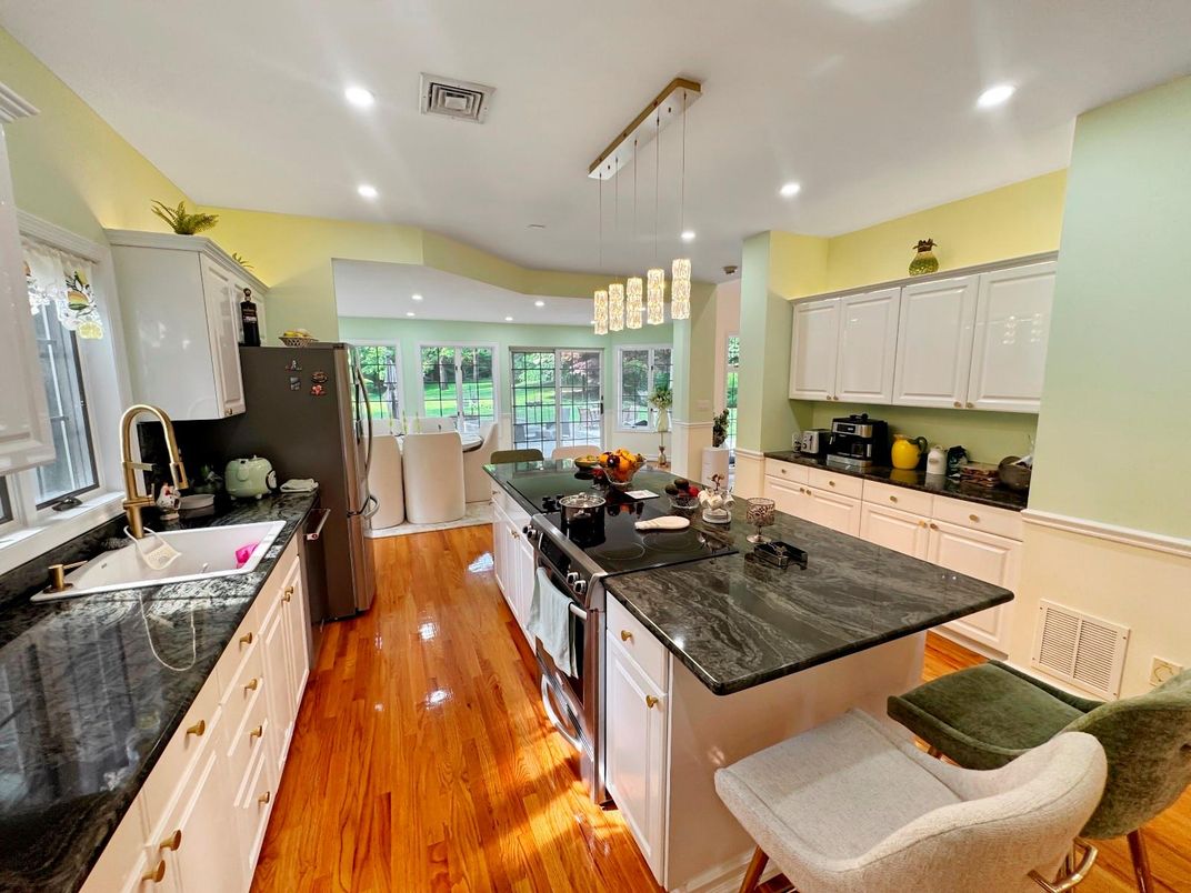 Chandelier, Interior, Kitchen, Pendant Lights, Recessed Lighting, Wood Texture Flooring