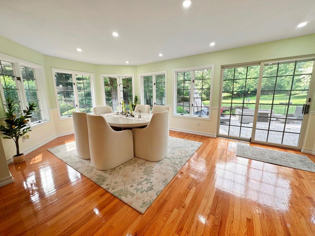 Dining room, Interior, Recessed Lighting, Wood Texture Flooring