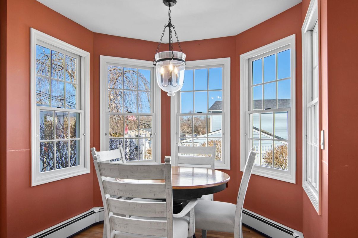 Dining room, Interior, Pendant Lights, Wood Texture Flooring