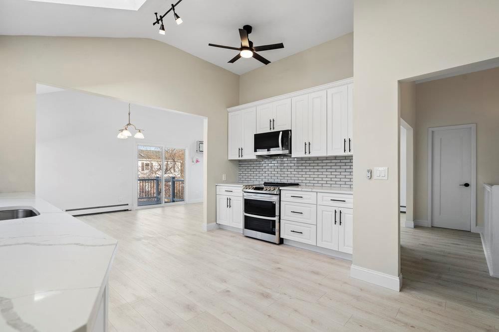 Interior, Kitchen, Pendant Lights, Stainless Steel Appliances, Wood Texture Flooring