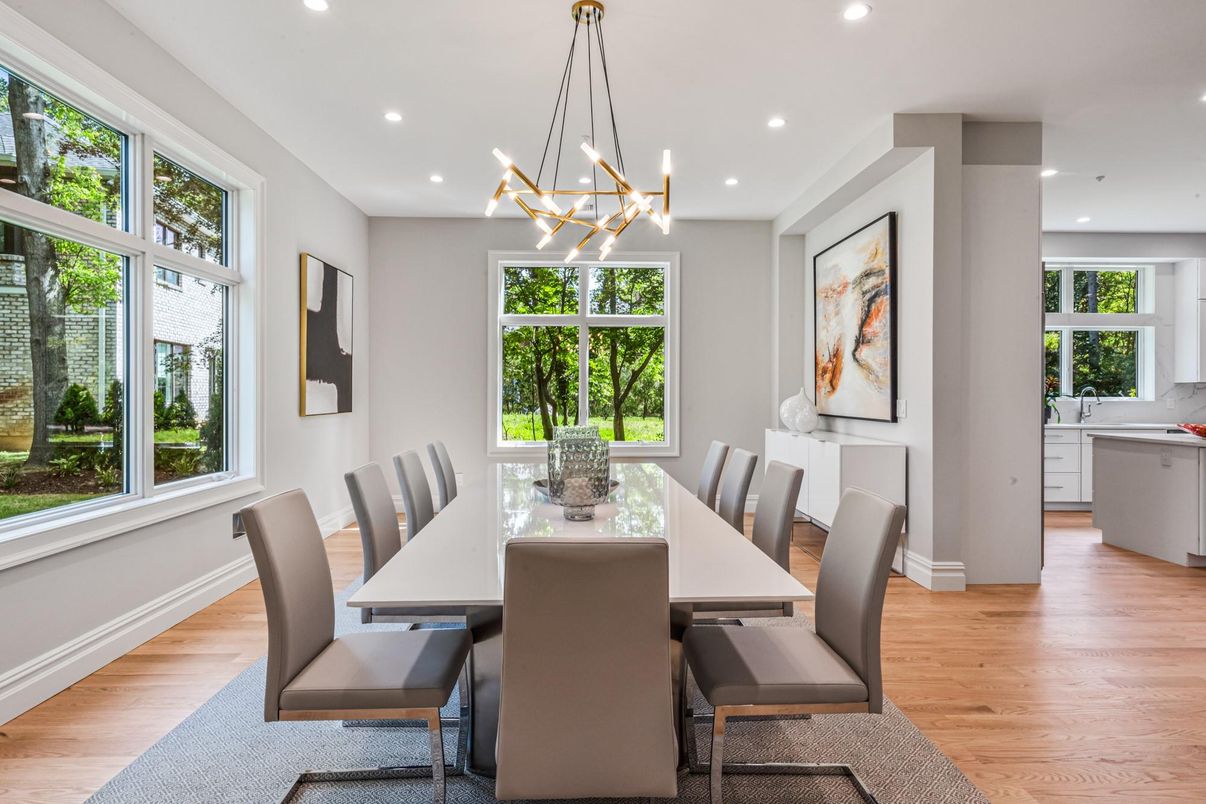 Dining room, Interior, Pendant Lights, Recessed Lighting, Wood Texture Flooring