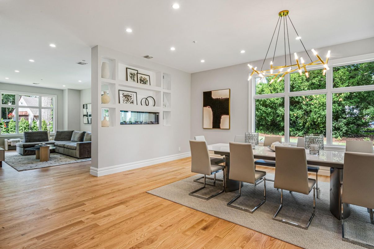 Dining room, Interior, Living room, Pendant Lights, Recessed Lighting, Wood Texture Flooring