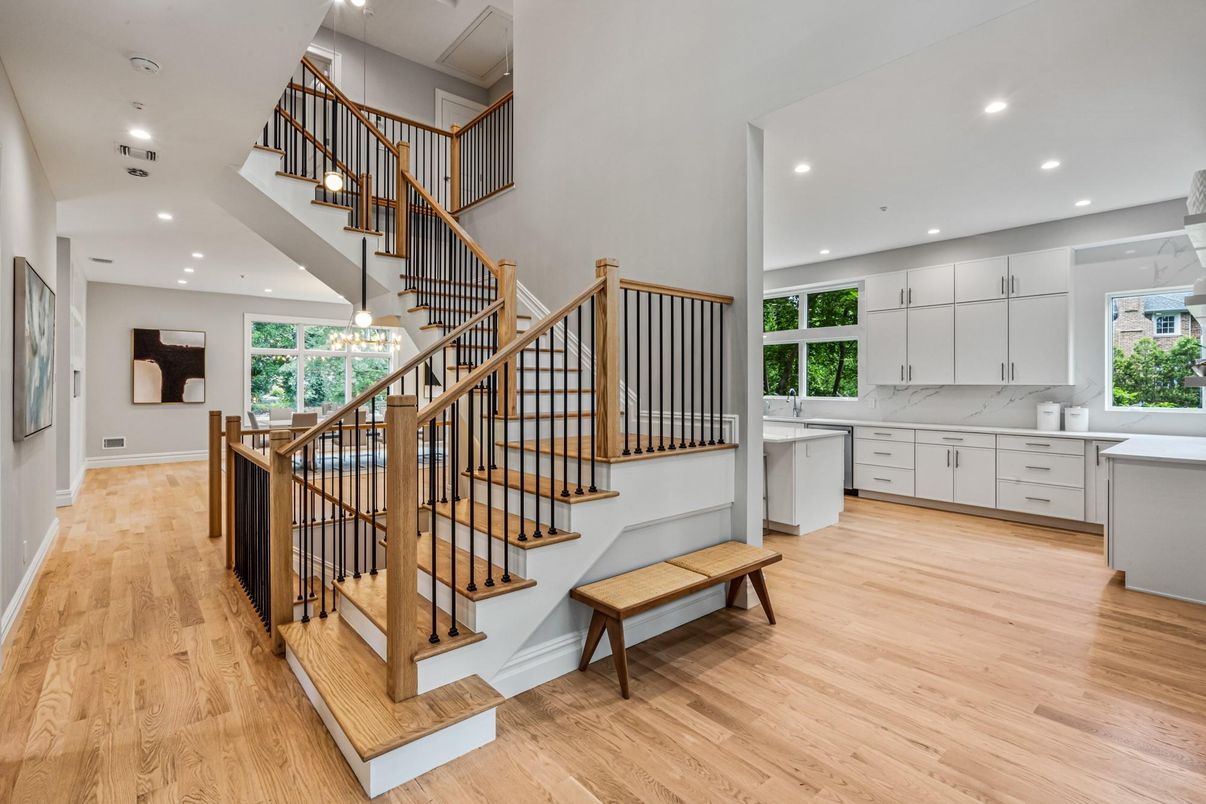 Interior, Kitchen, Marble Walls, Pendant Lights, Recessed Lighting, Wood Texture Flooring