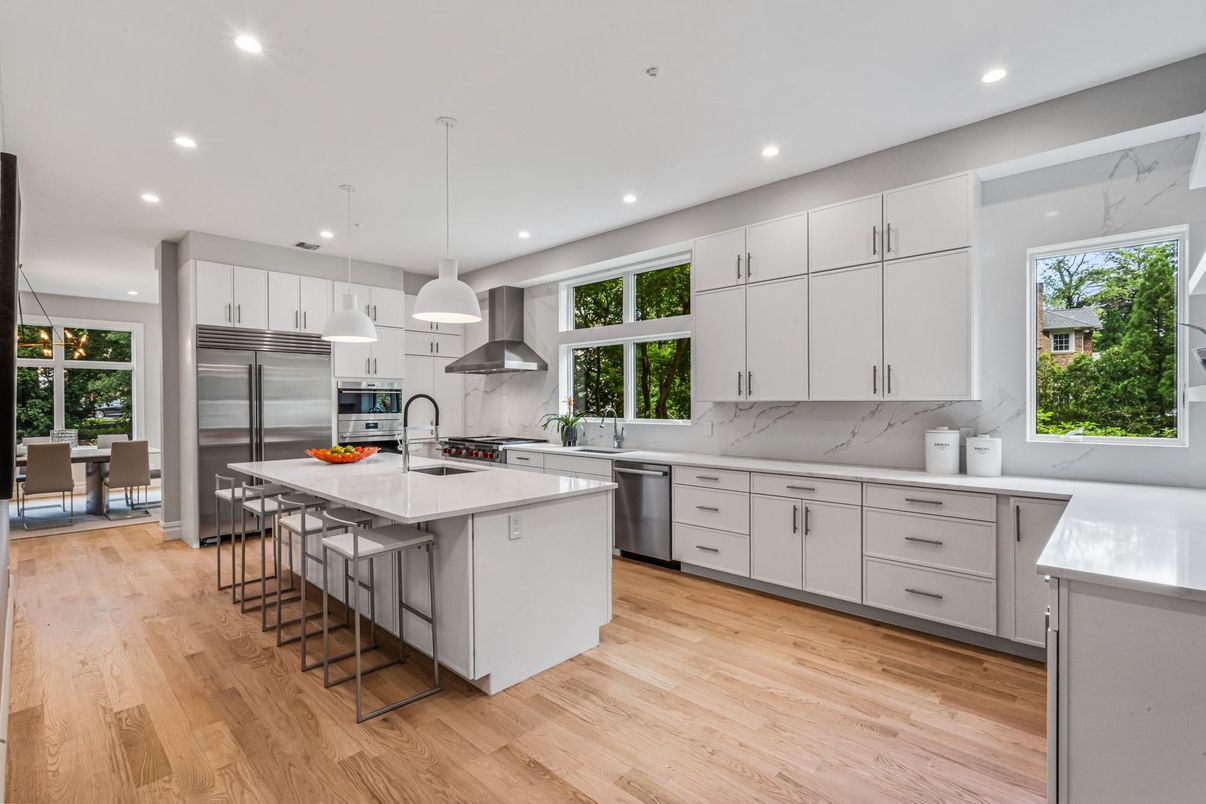 Interior, Kitchen, Pendant Lights, Recessed Lighting, Stainless Steel Appliances, Wood Texture Flooring