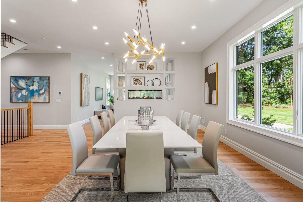 Dining room, Interior, Pendant Lights, Recessed Lighting, Wood Texture Flooring