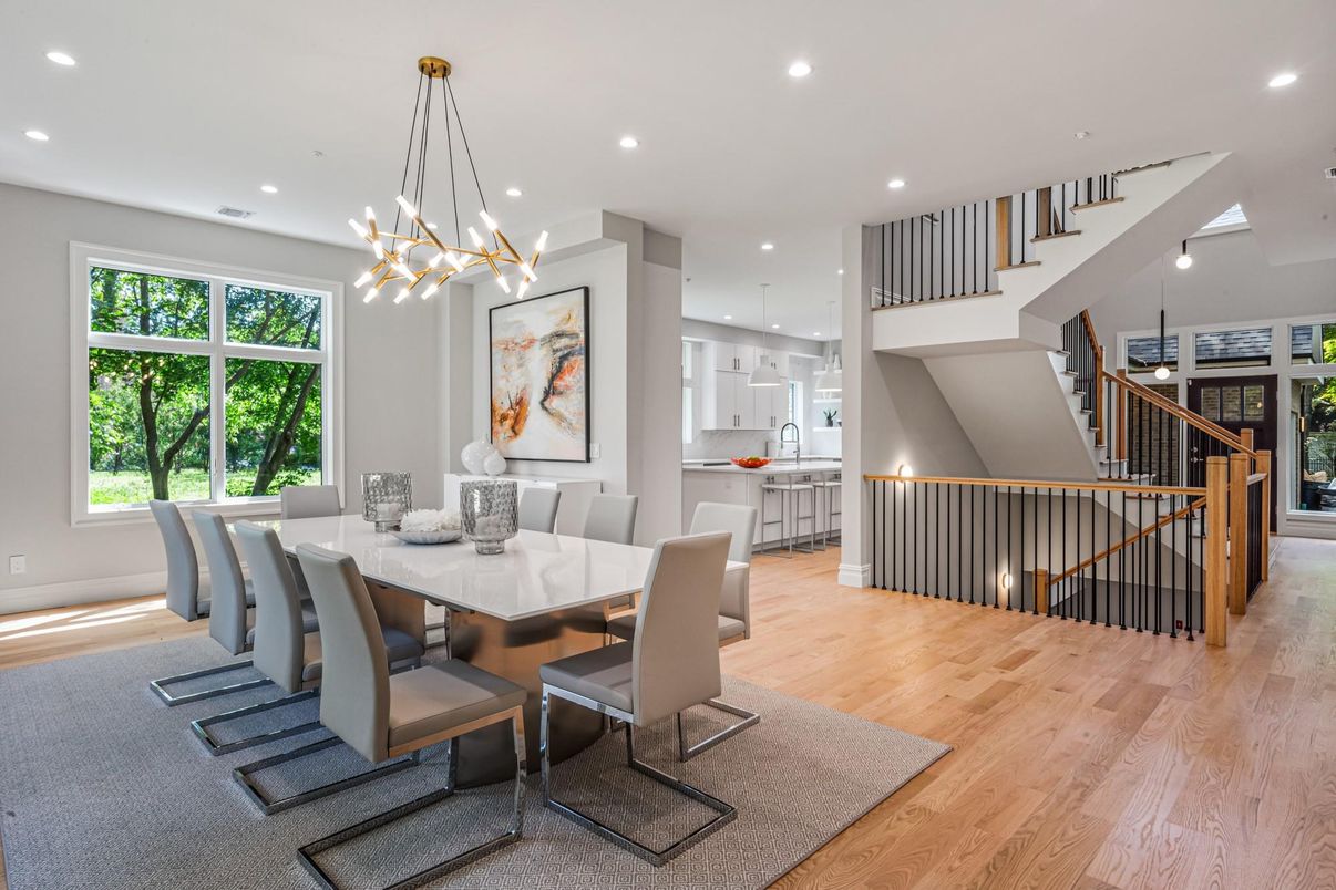 Dining room, Interior, Kitchen, Pendant Lights, Recessed Lighting, Wood Texture Flooring
