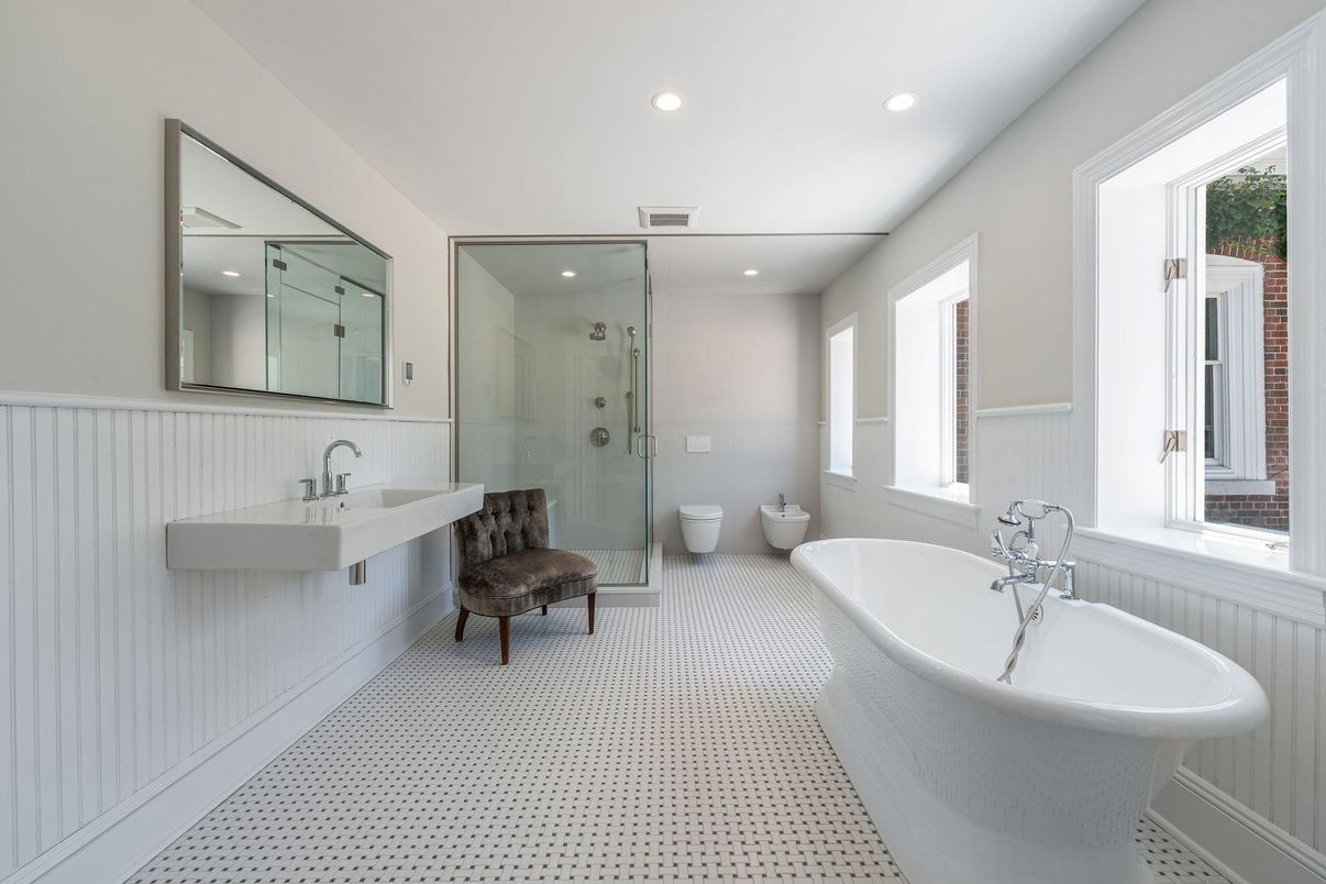 Bathroom, Free Standing Baths, Glass Shower, Interior, Recessed Lighting